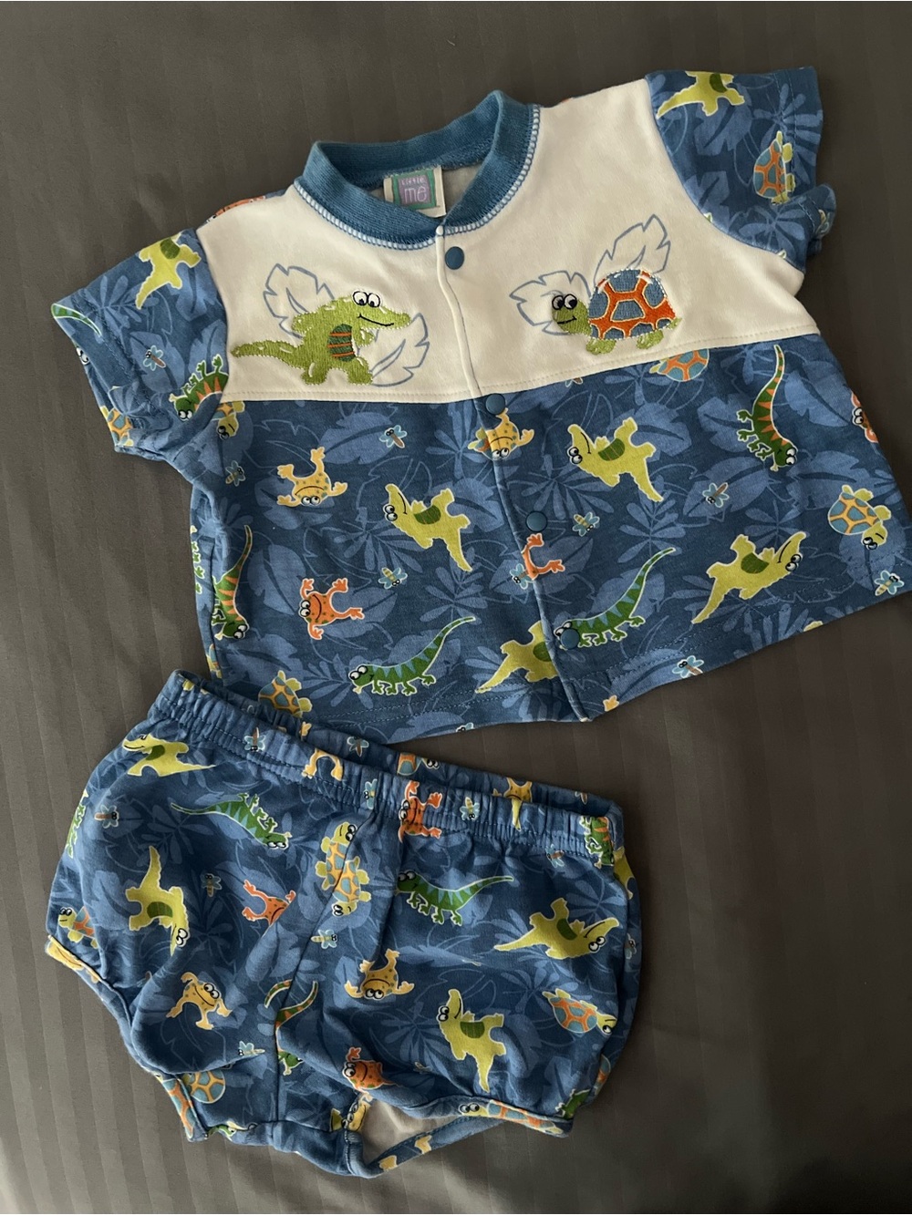 100% cotton Little Me Blue and White Turtle crocodile Appliqué Baby Set 9m